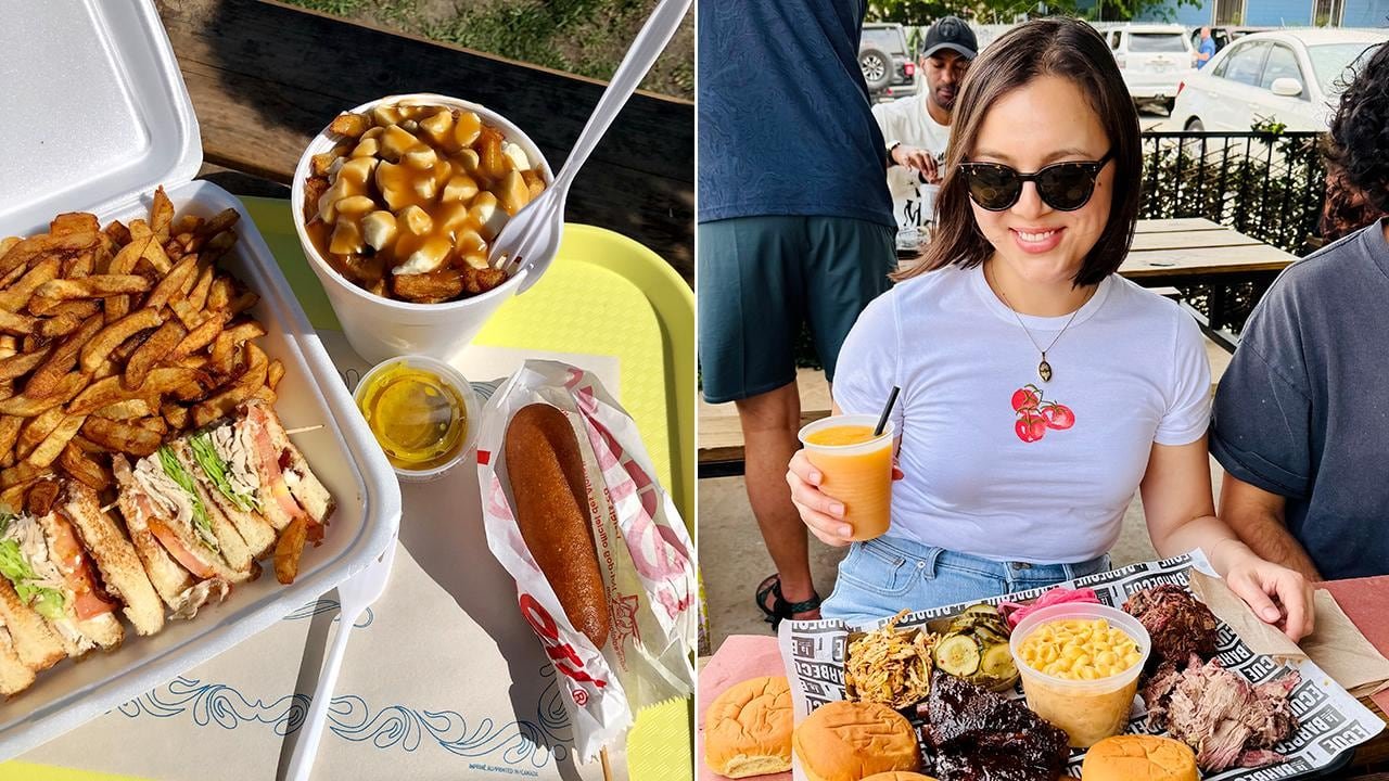 Left, close-up of a tray of food on an outdoor table: club sandwich, fries, corn dog, and poutine. Right: a woman smiling at a picnic table with a tray of BBQ food in front of her.